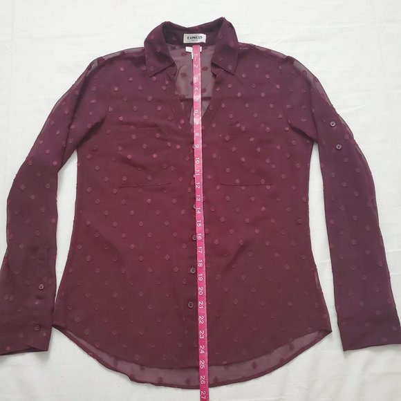 Express Women's Wine Red Slim Dotted Sheer Roll Tab Sleeve Portofino Shirt S/P - Picture 12 of 15